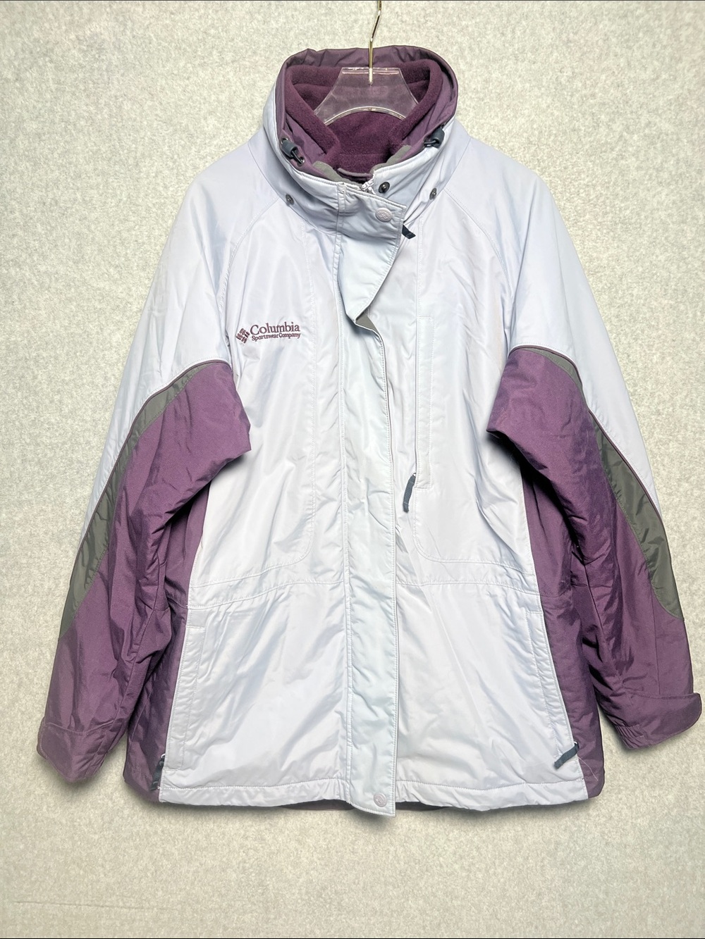 Columbia Womens L Insulated Winter Jacket Purple Gray Fleece Lined Hooded Coat